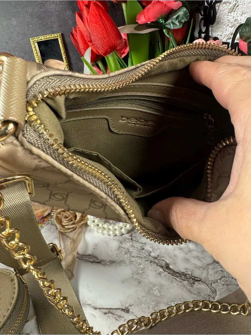 bebe Taupe Logo Crossbody with Gold Chain & Coin Pouch